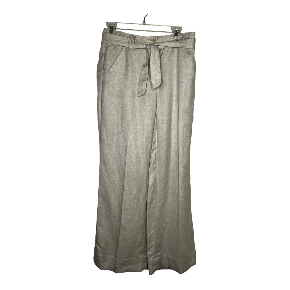 Focus 2000 Wide Leg Tie Belt Oatmeal Linen Blend Women's Dress Pants Sz. 6